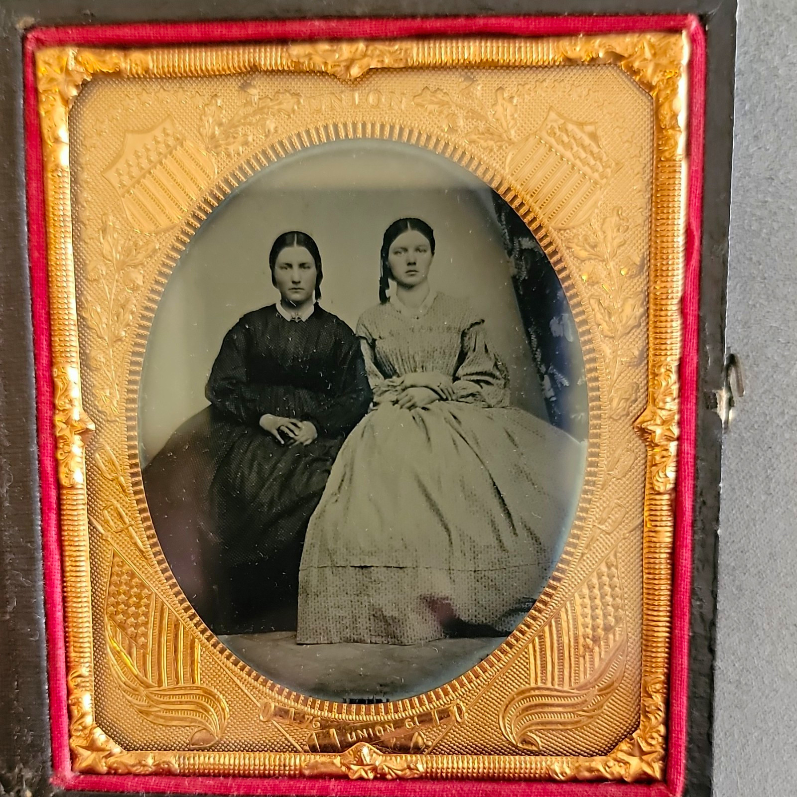 1861 Civil War Ambrotype Photo Two Women Patriotic The Union Frame Case Antique