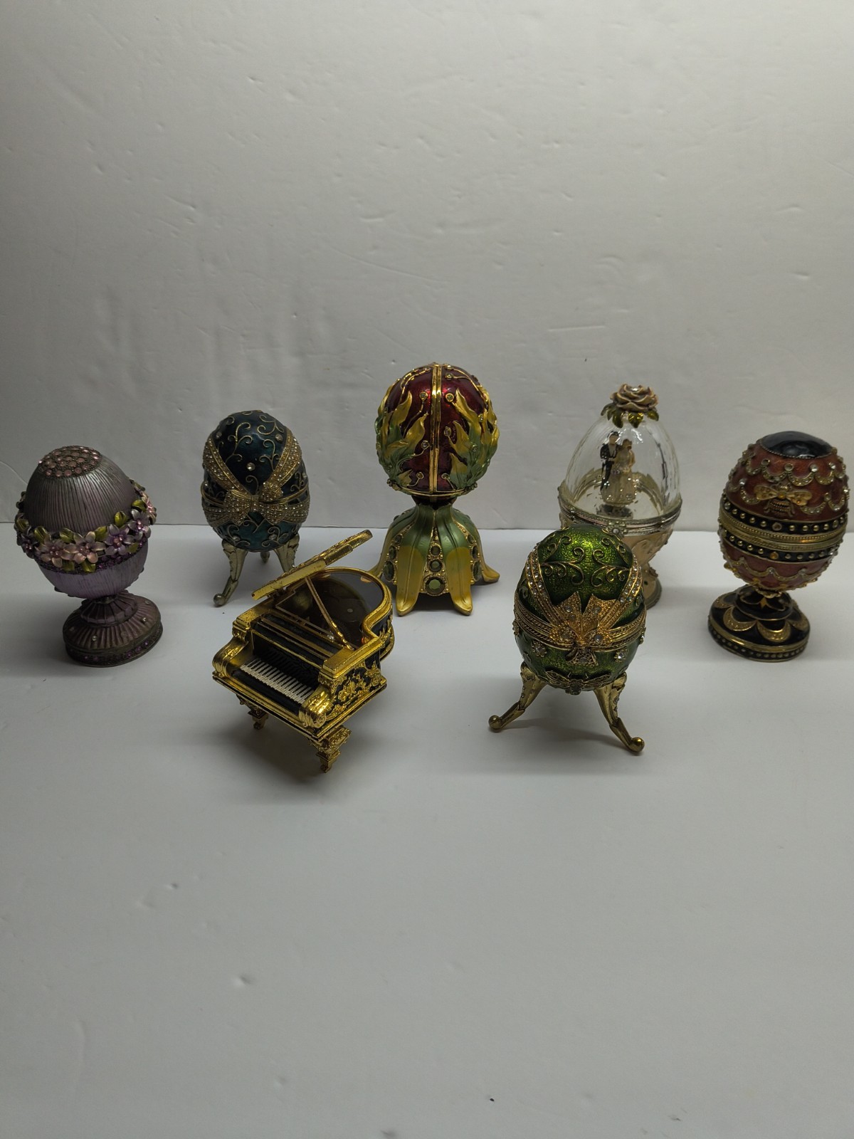 7pc Vintage Enameled Music Box Lot Grand Piano Wedding Tri-Door Eggs
