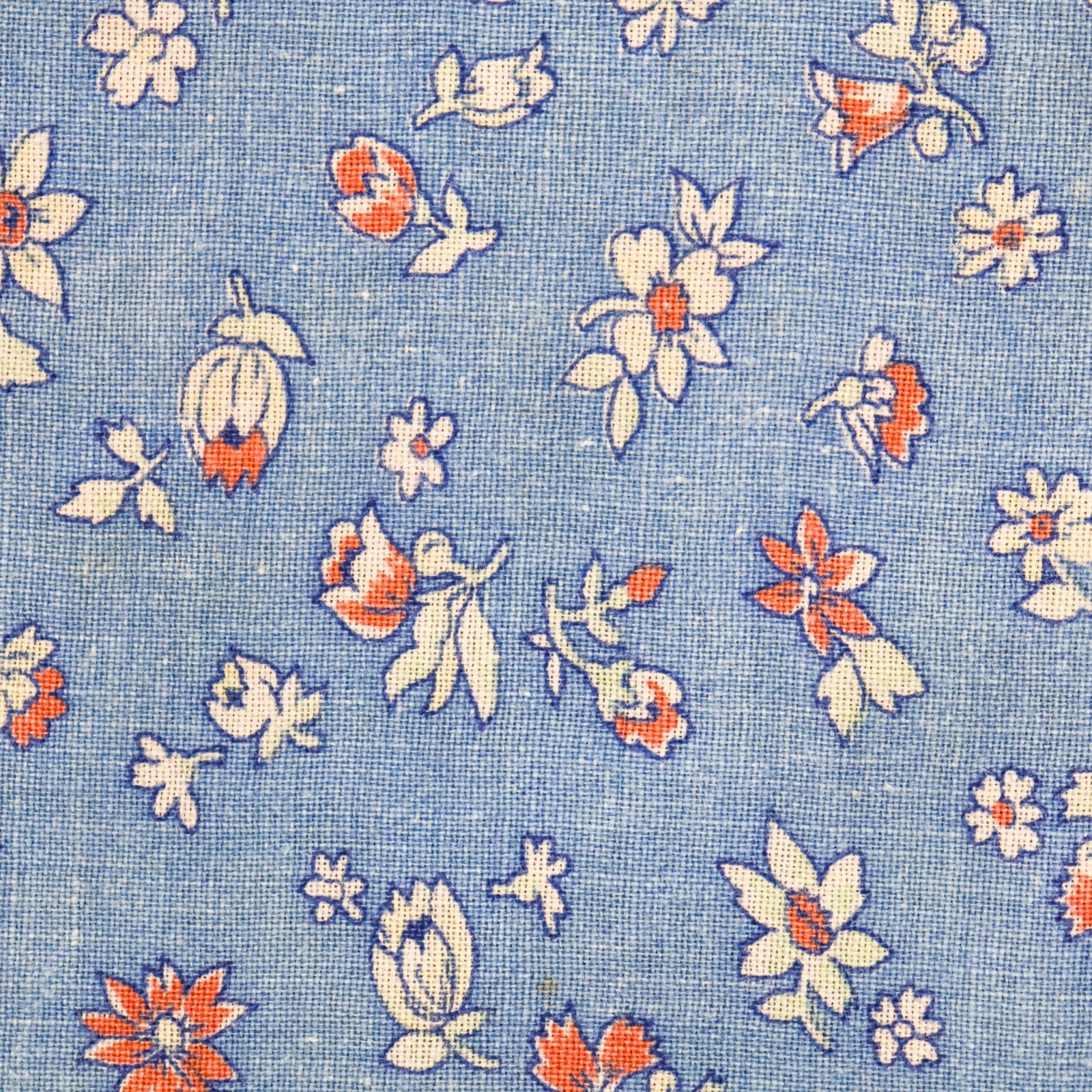 Vintage Feedsack Fabric Old Floursack 1940s Blue White Florals Flowers 14x29