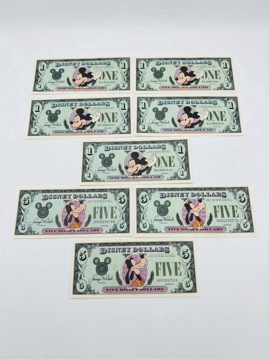Vintage Disney Dollars 1987 1988 Mickey Mouse Goofy Currency Notes Set of 8
