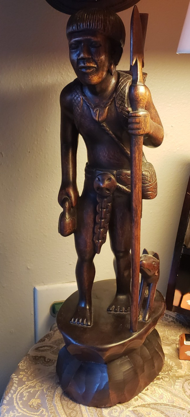Vintage Igorot Tribal Hand Carved‎ Wooden Warrior Hunter With Dog Figurine