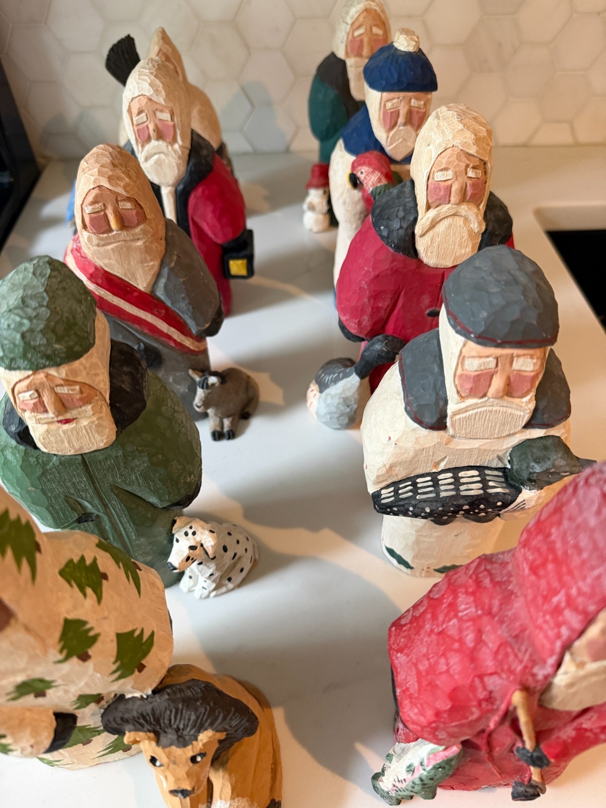 Wonderful collection of 10 vintage GATB Lancy Smith wood-carved Santa figures