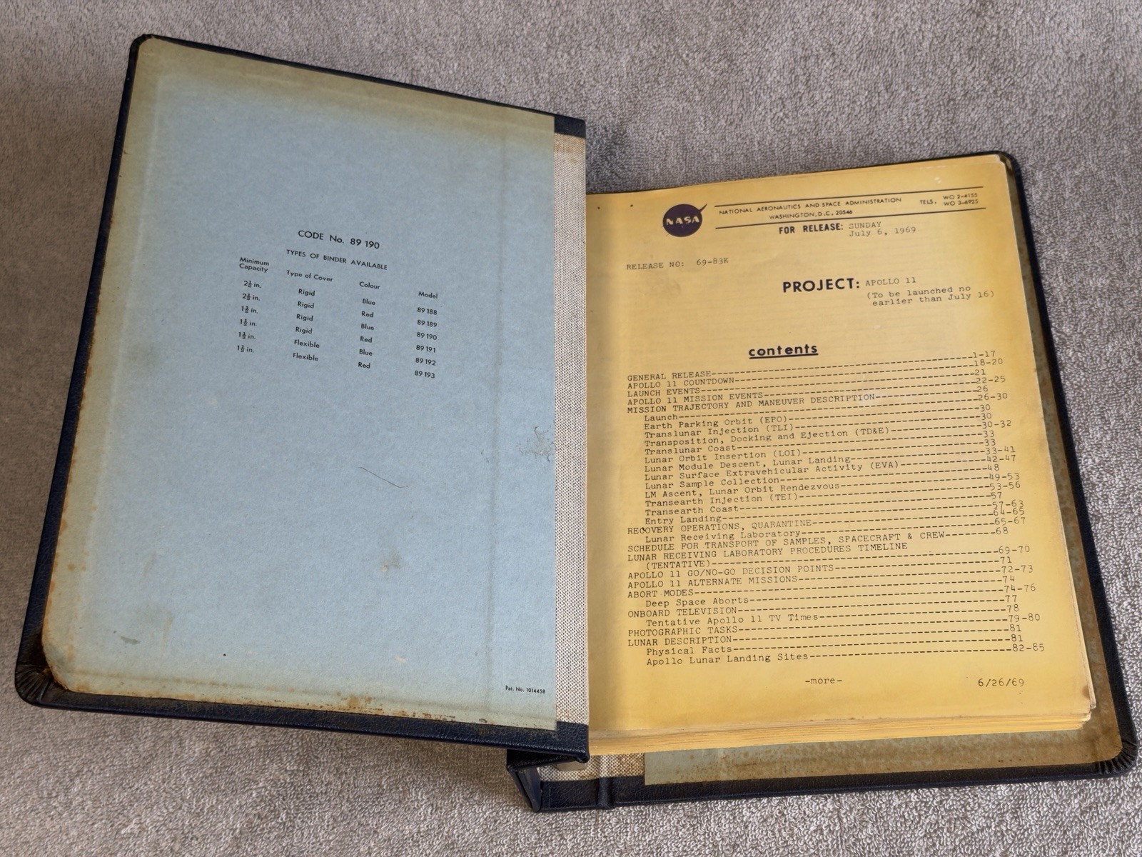 Original Apollo 11 Official NASA Mission Schedule Folder Info Pack July 6th 1969