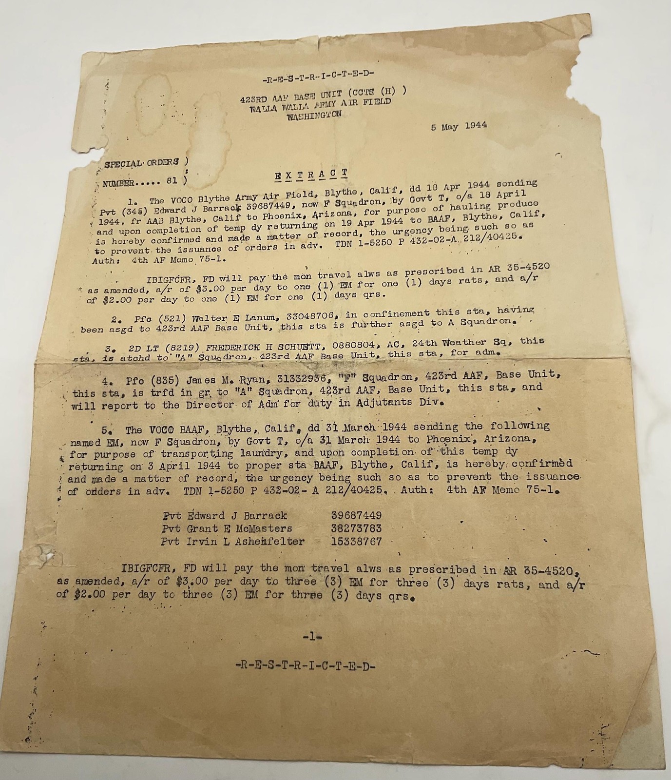 1944 WWII Walla Walla Army Air Field Special Orders 423rd AAF Base Unit WA