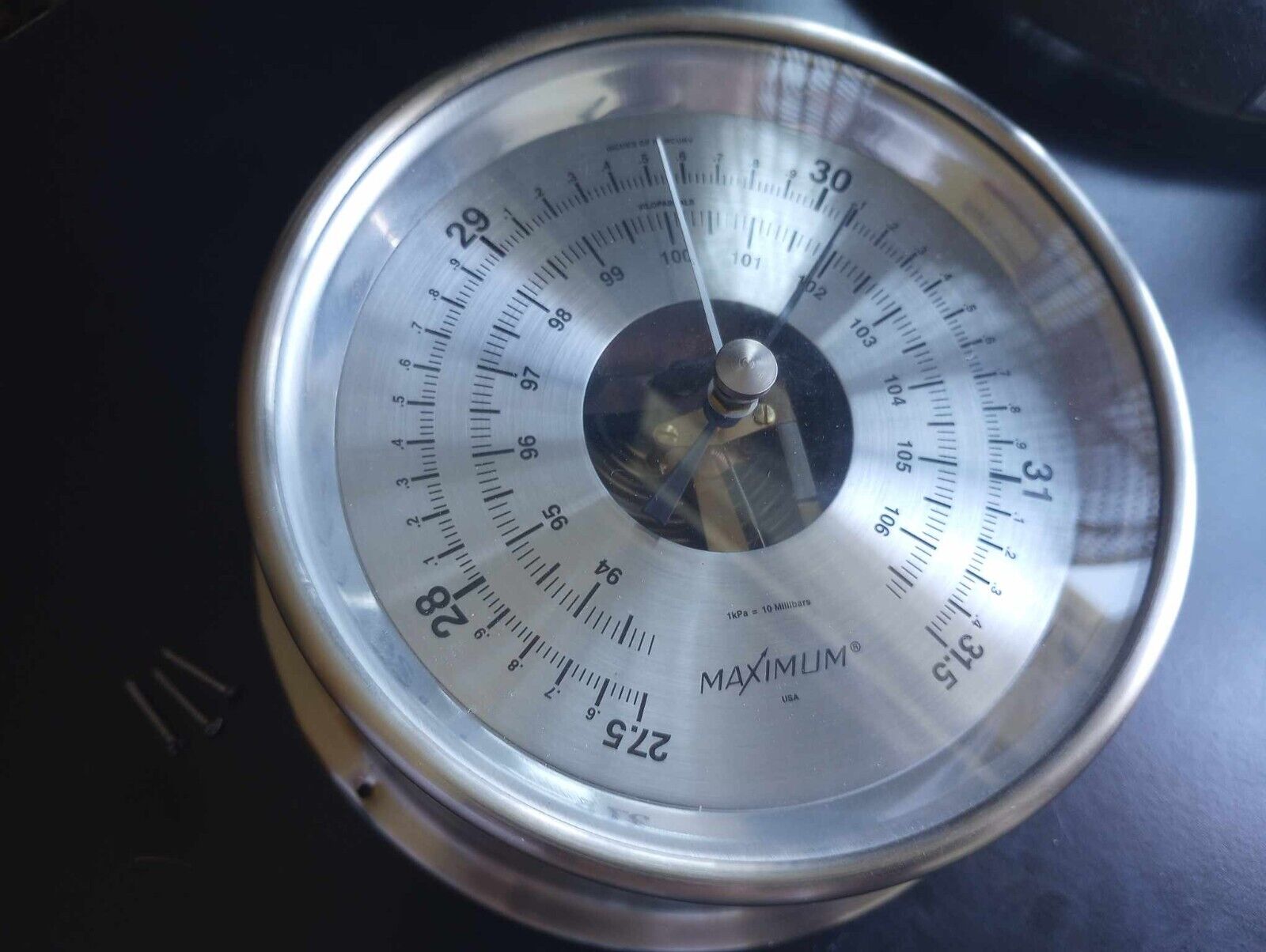 PROTEUS BAROMETER by MAXIMUM INC weather instrument - satin nickel + silver dial