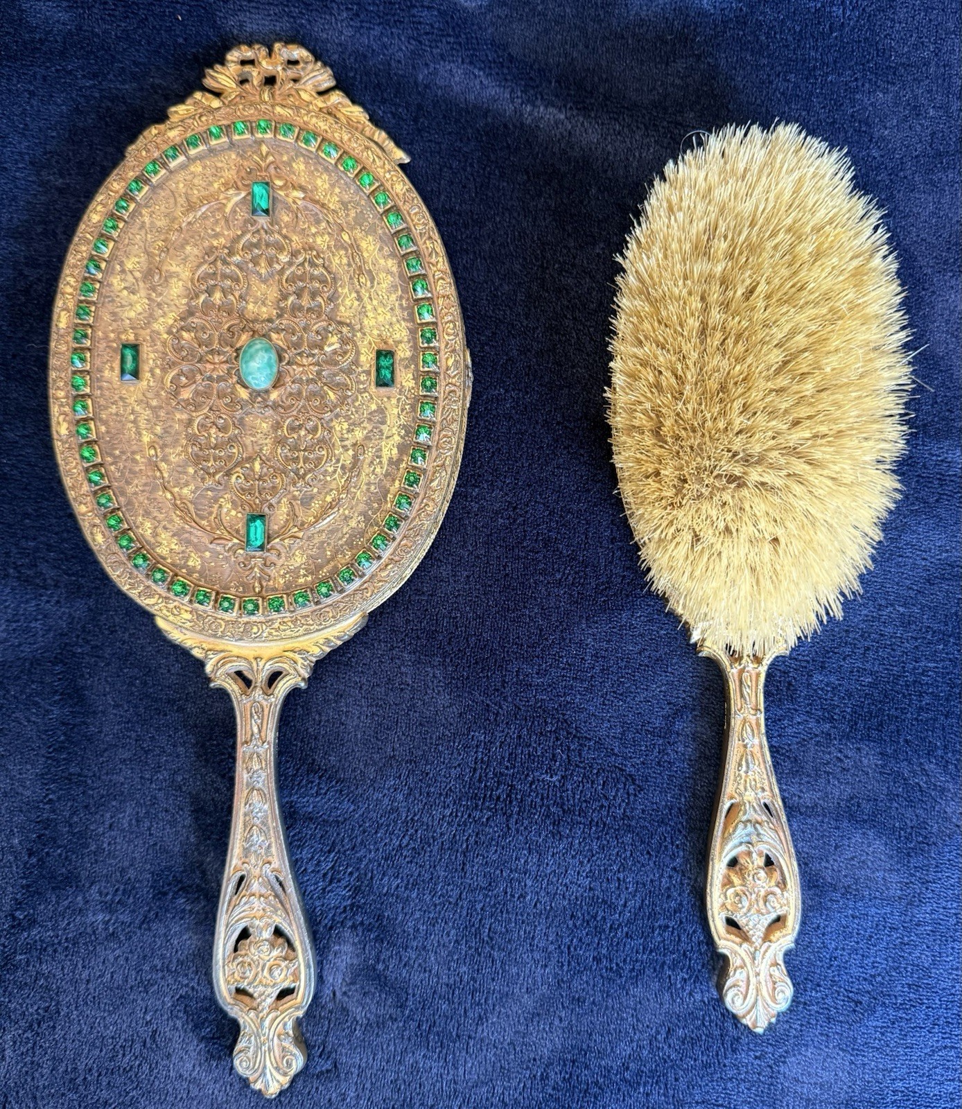 E&JB Matching Antique Green Jeweled Hand Mirror & Brush Set Gold Gilt Metal