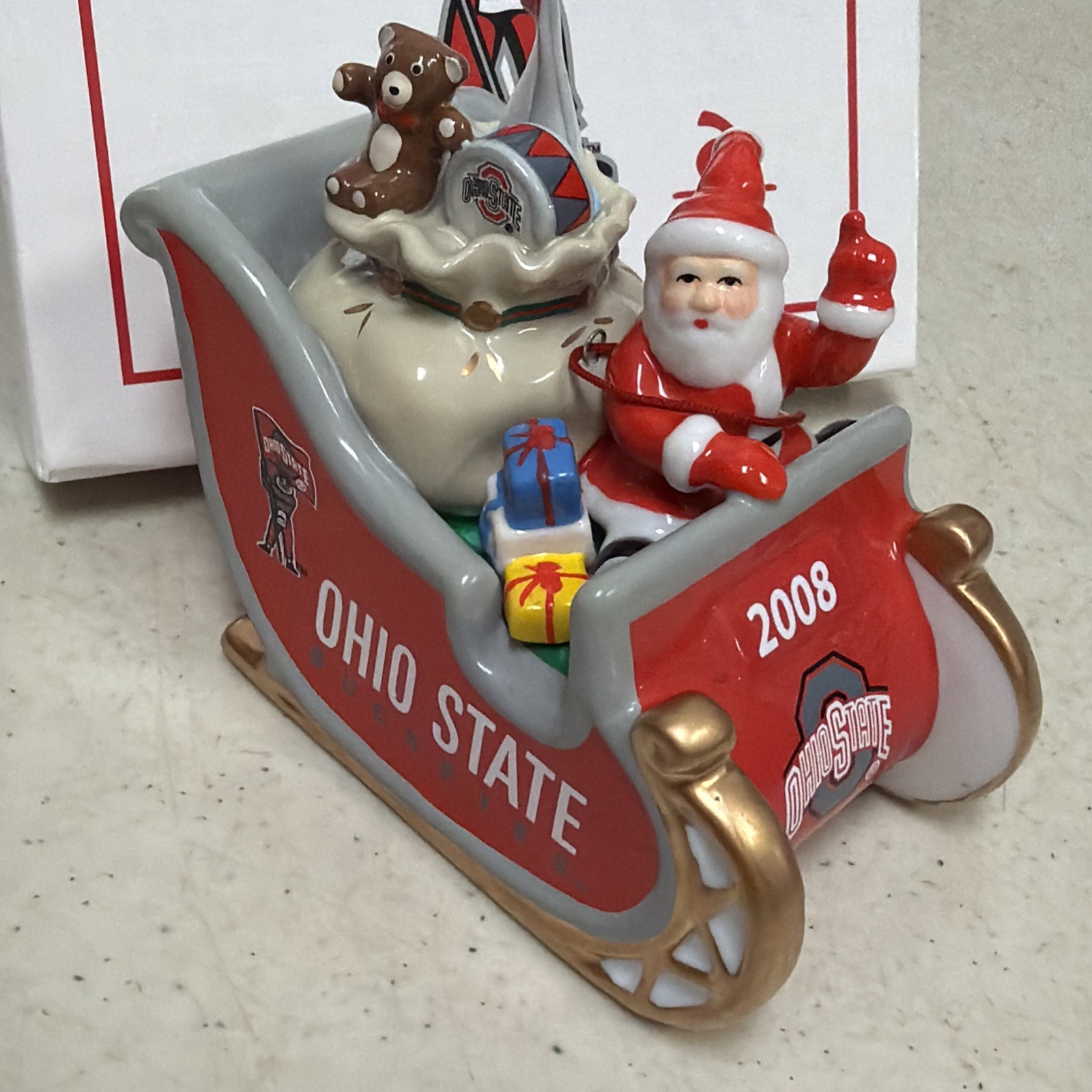2008 Danbury Mint Ohio State Buckeyes ceramic Santa Sleigh ornament In Box #6