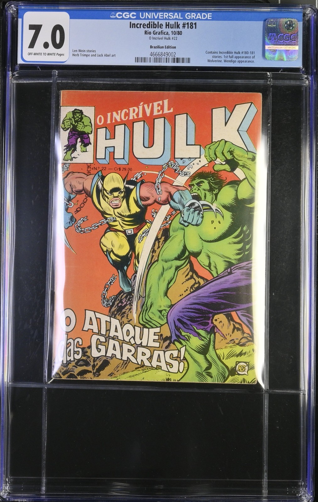 Incredible Hulk 181 1st Wolverine CGC 7.0 Blue Label Foreign Key Brazil Edition