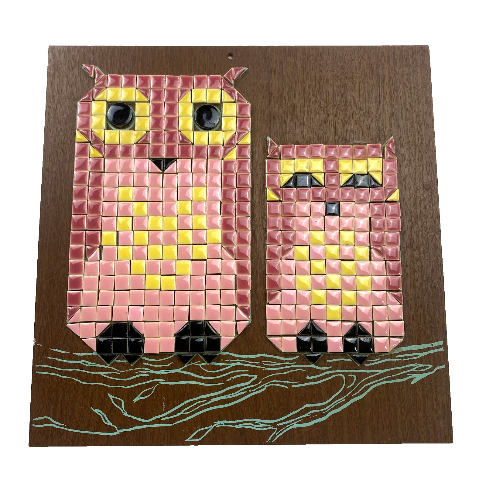 VTG 1970s Mosaic Tile Owl Wall Art Two Owls on Branch Boho Retro MCM 12 X 12