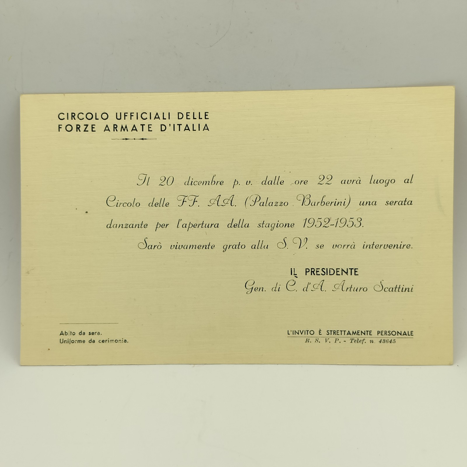 1952-1953 Italian Armed Forces Officers\' Club Rome Palazzo Barberini Invitation