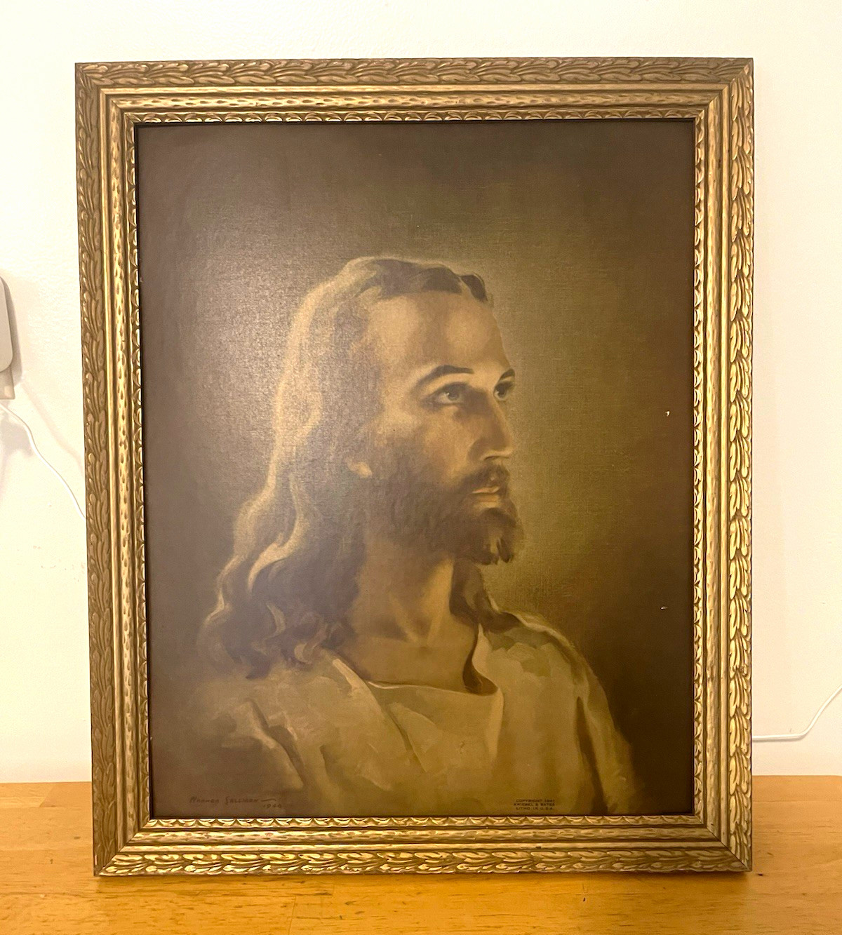 Vintage 1941 Head of Christ Lithograph Warner Sallman Kriebel & Bates Large Fram