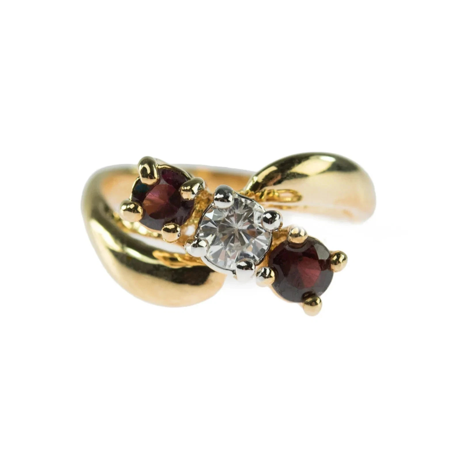Estate Antique Garnet & Diamond 3-Stone Ring In 14K Yellow Gold Plated For Women