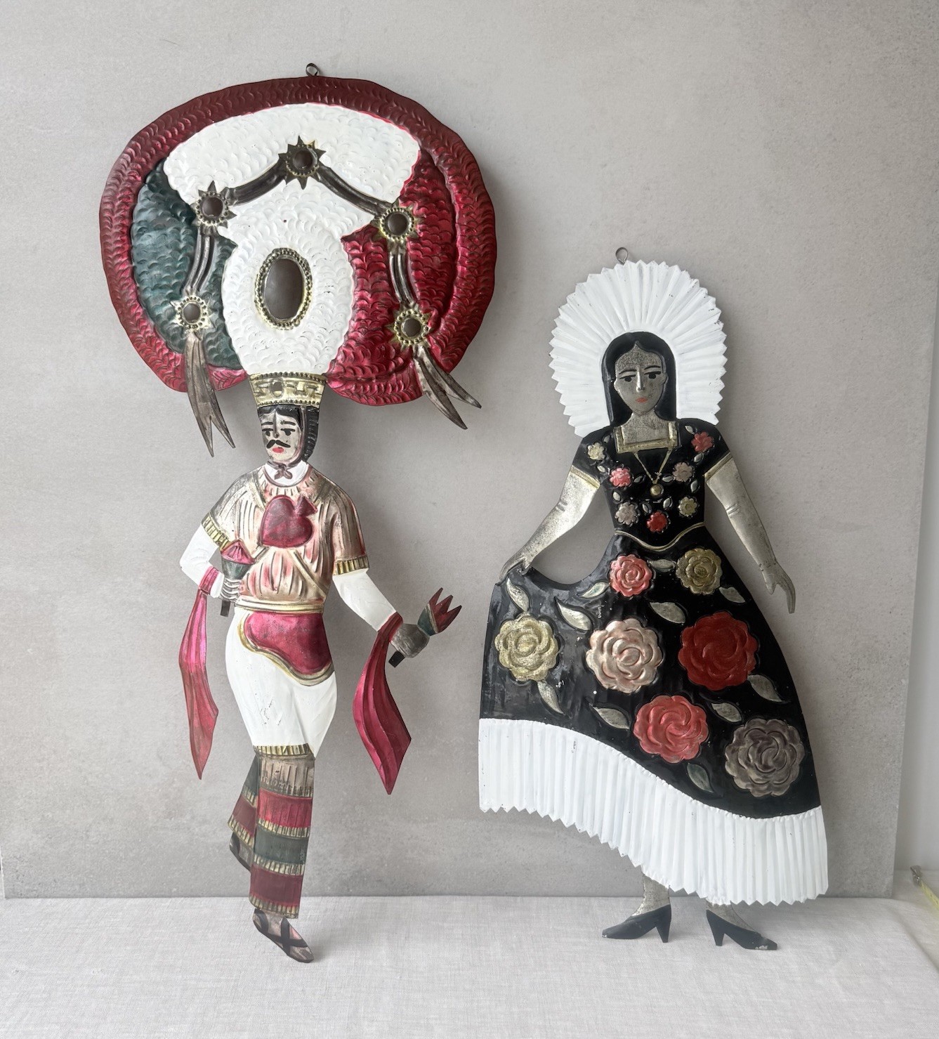 Vintage Mexican Folk Art Punched Tin Man Woman Oaxaca Hand Painted 21