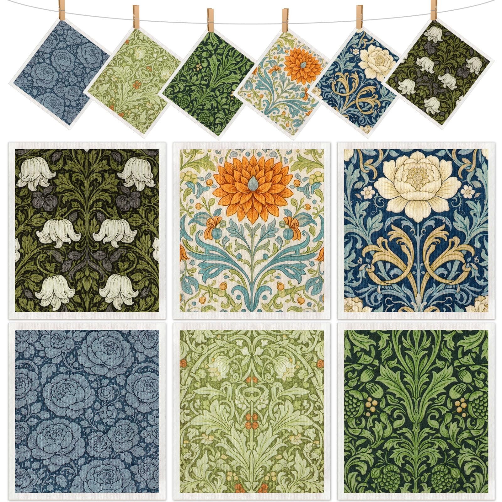 Mifoci 12 Pcs William Morris Swedish Kitchen Dishcloths 7 x 8 Inch Multicolor