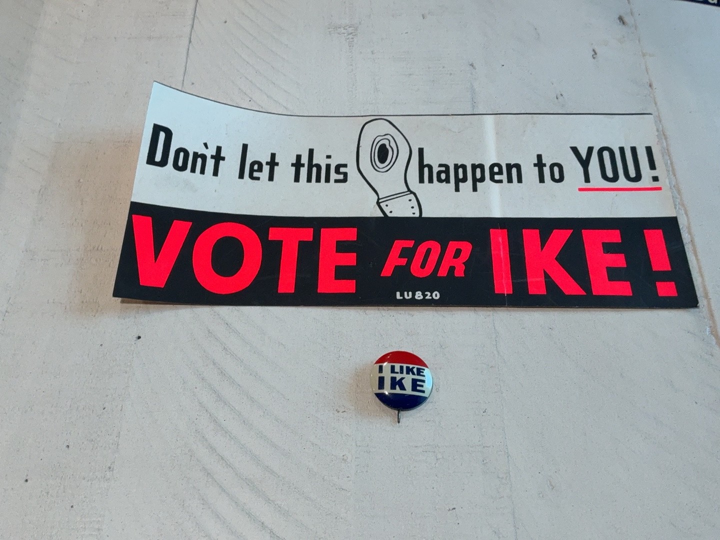 Vintage 1950s Eisenhower I LIKE IKE Pin Button & Vote For Ike Bumper Sticker