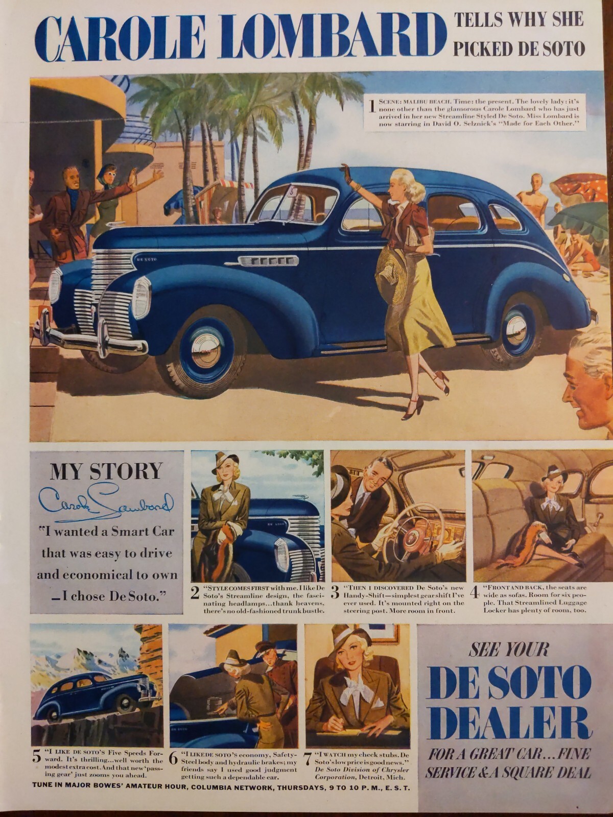 1938 vintage DeSoto automobile print ad, Hollywood Carole Lombard 