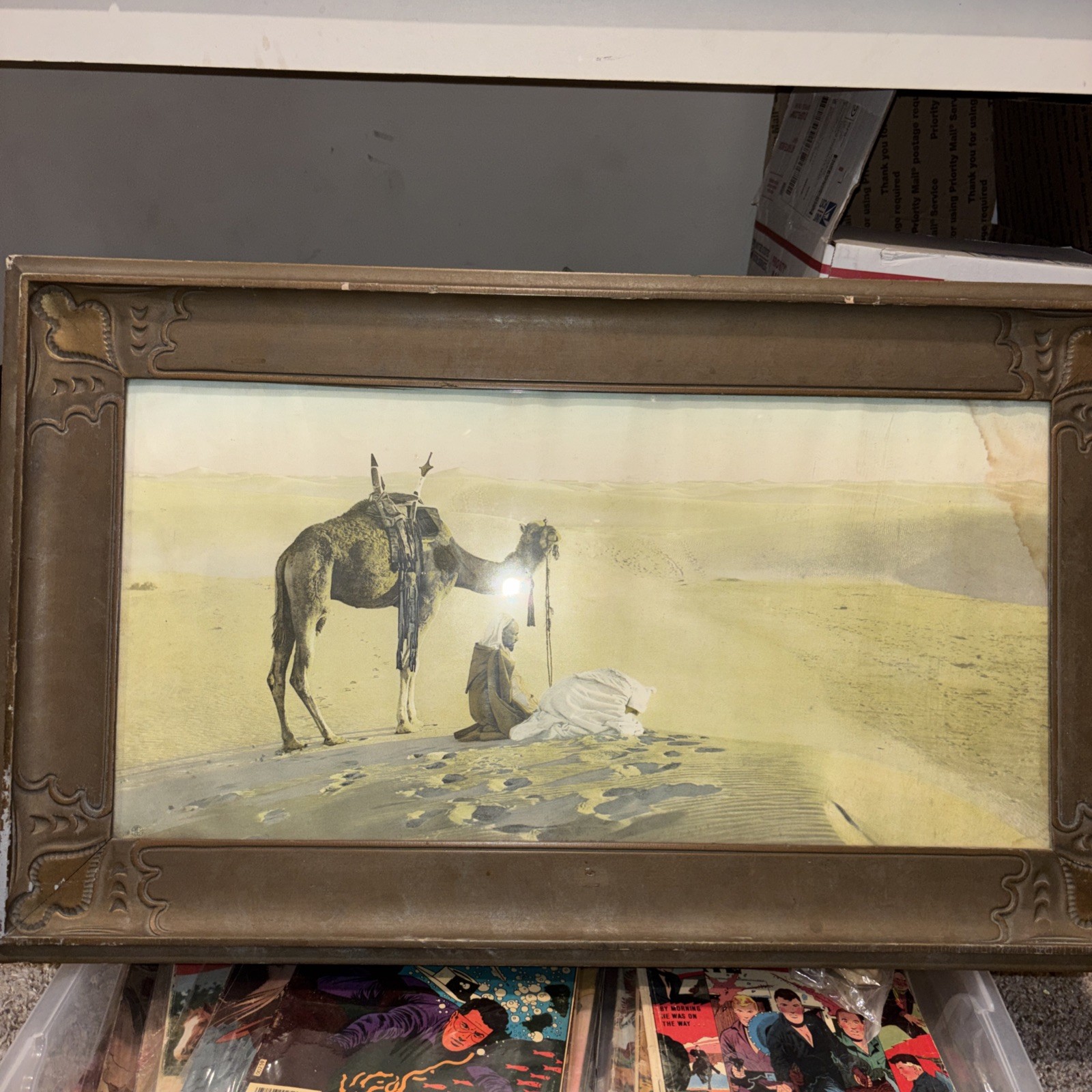 Framed Lehnert & Landrock Photogravure Circa 1900s Camel Nomads Praying Desert