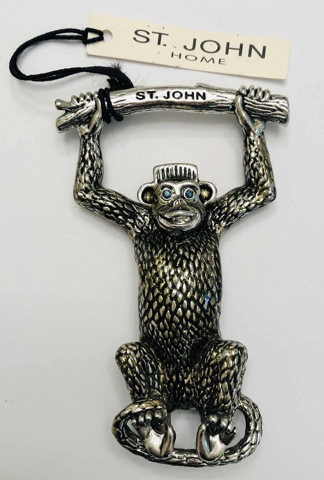 St John Home Swinging Monkey Bottle Opener Vintage NWT Blue Eyes Antiqued Silver