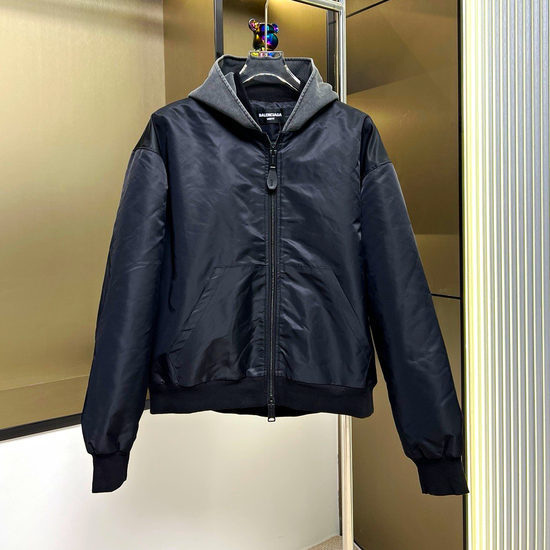 Balenciaga UNIFIT Men’s Black Hooded Bomber Jacket Full Zip Logo Pockets 46