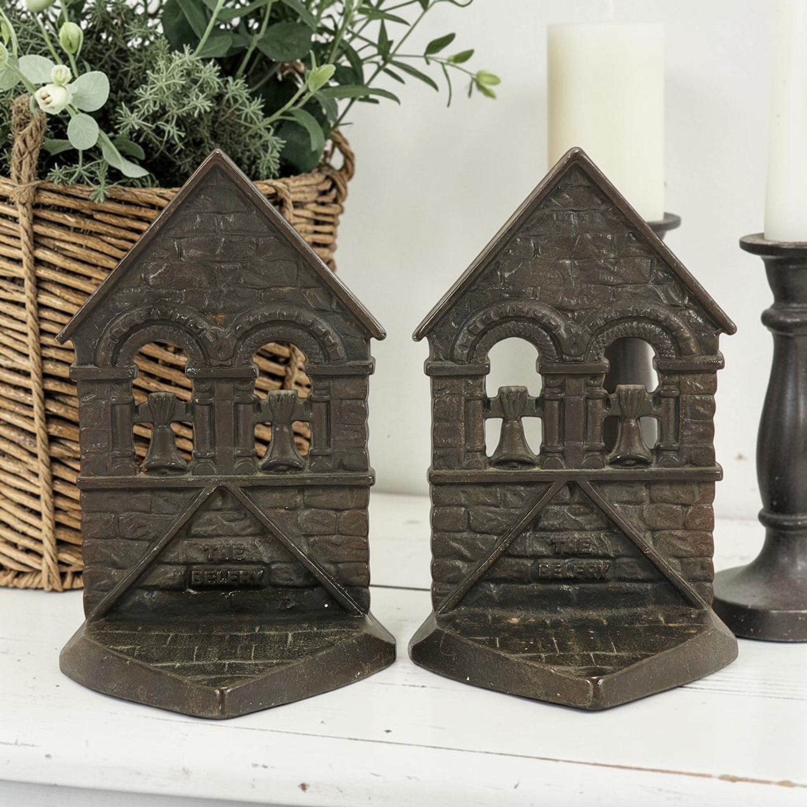 Antique Cast Iron Bronze Belfry Bell Tower Bookends Connecticut Foundry 1928 6\