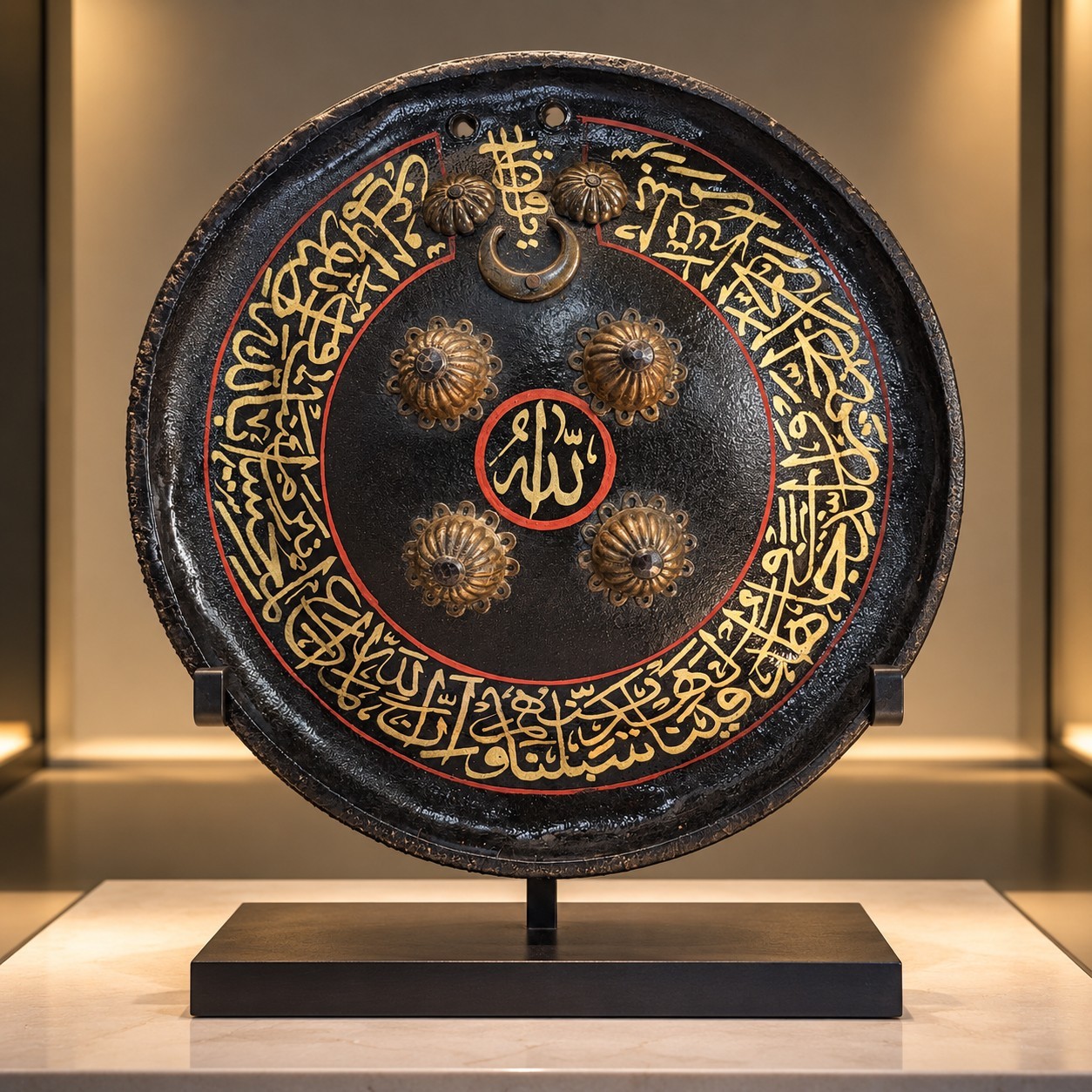 Rare  Islamic Indo-Persian Leather Shield Handwritten With Quran Verses 