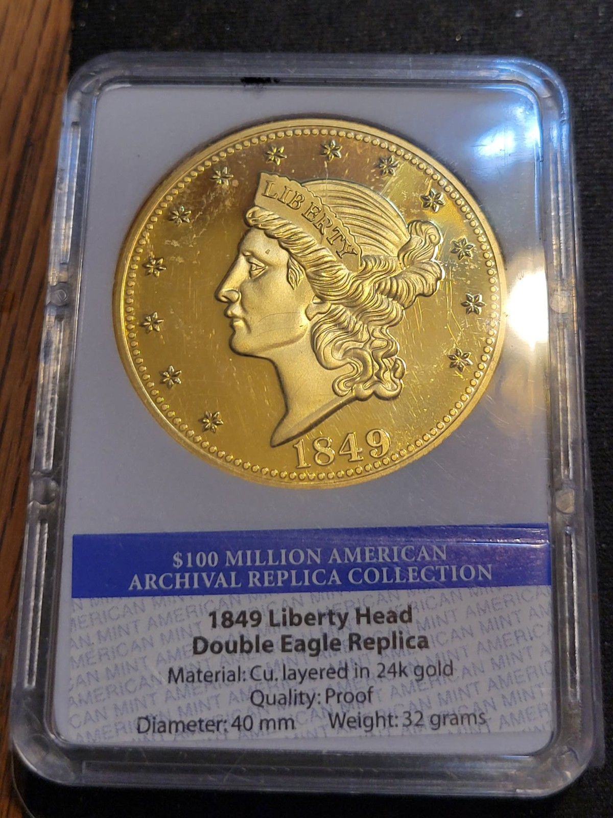 1849 Liberty Head Double Eagle Replica Layered in 24K Gold Proof Limited Edition