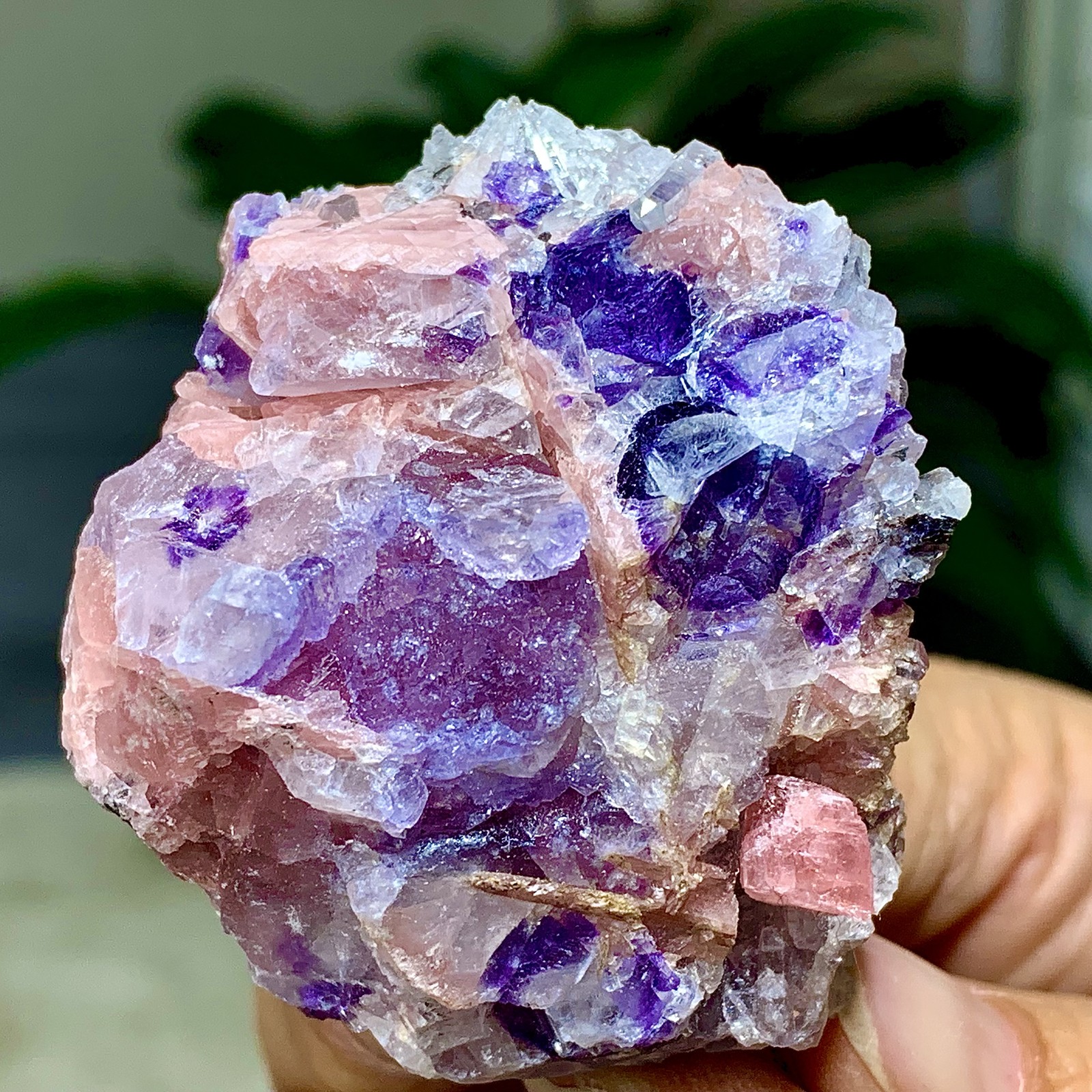 93G Natural rhodochrosite with fluorite crystal mineral specimen healing