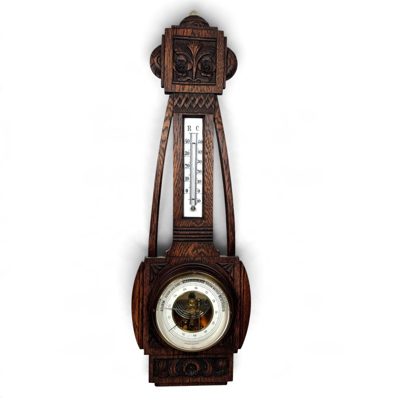 Vintage Optiker Ruhnke Wood Wall Barometer Thermometer Carved German Dial 27in