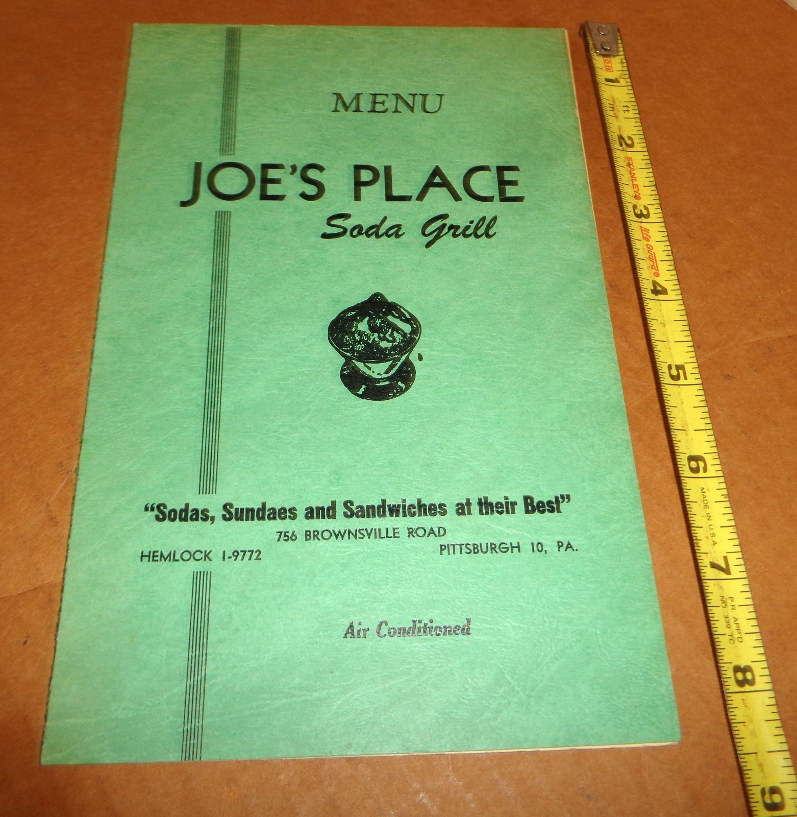 NICE VTG 1950'S JOE'S PLACE SODA GRILL RESTAURANT MENU HEMLOCK PITTSBURGH PA