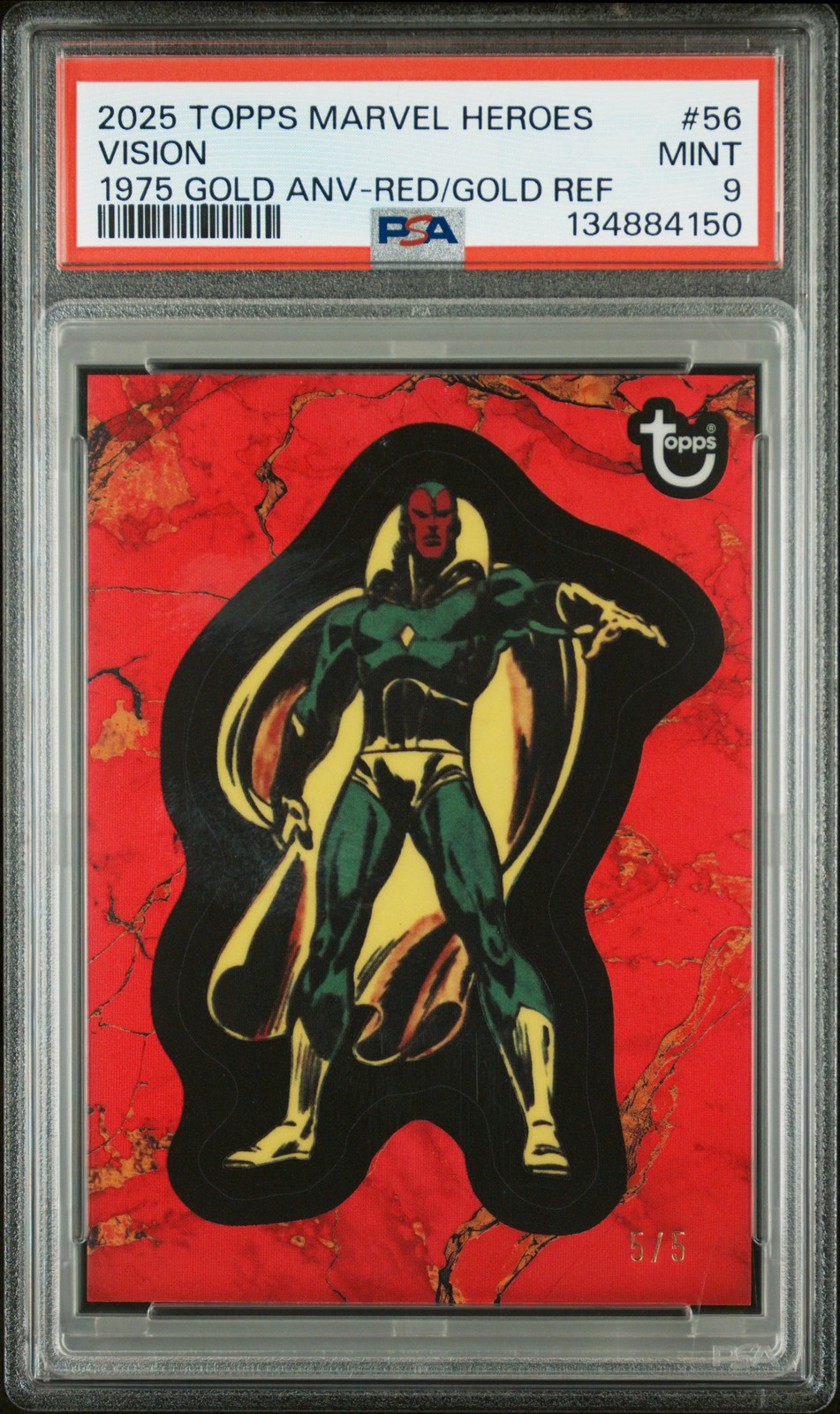 2025 TOPPS MARVEL COMIC BOOK HEROES 1975 GOLD ANNIVERSARY #56 VISION 5/5 PSA 9