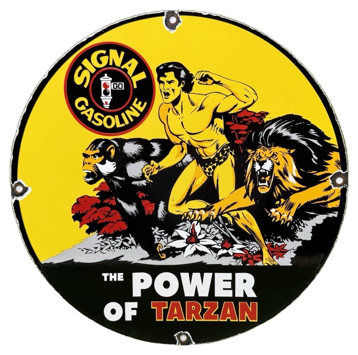 VINTAGE SIGNAL GASOLINE PORCELAIN SIGN THE POWER OF TARZAN GAS OIL PUMP PLATE