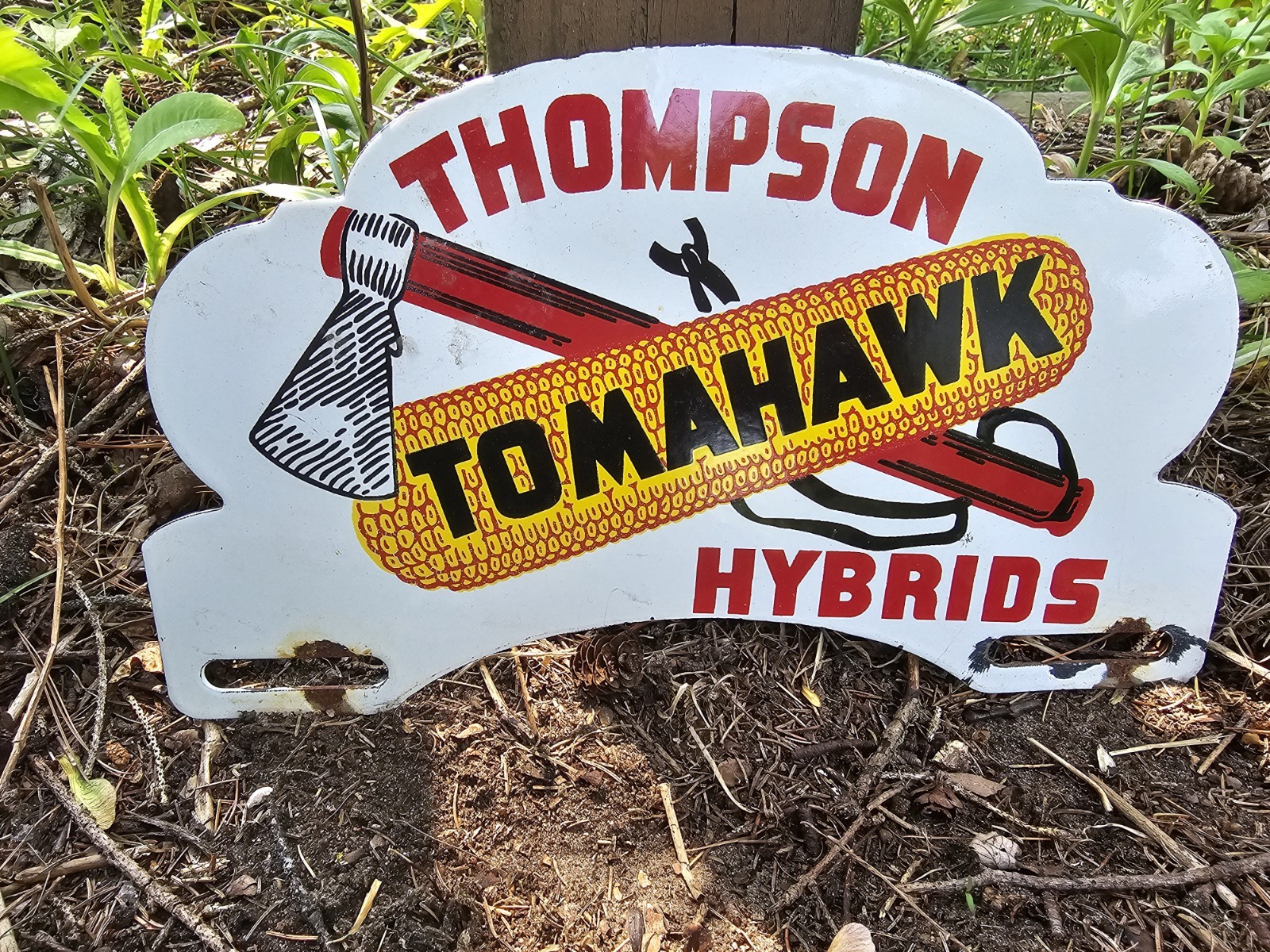 VINTAGE 1950'S TOMAHAWK HYBRIDS SEED PORCELAIN LICENSE PLATE SIGN 12