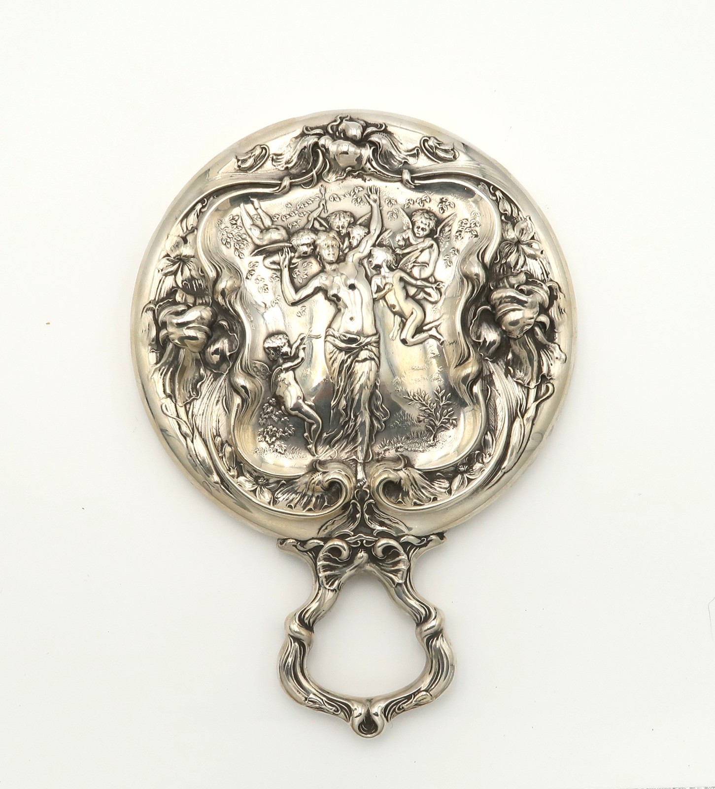 Antique Art Nouveau Sterling Silver Hand Mirror Repousse Cherubs Maiden Floral