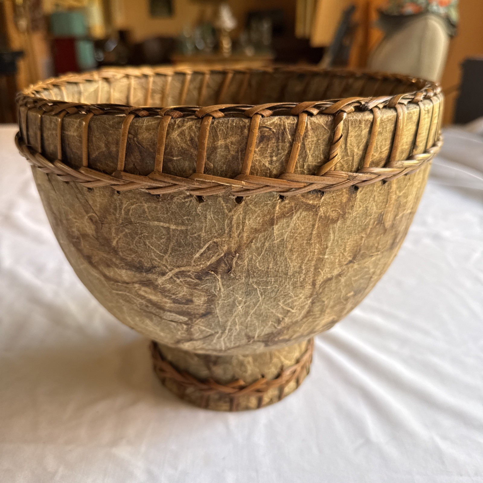 Vintage Handcrafted Pedestal Bowl Woven Rattan Trim Organic Boho 8.25” X 9.75”