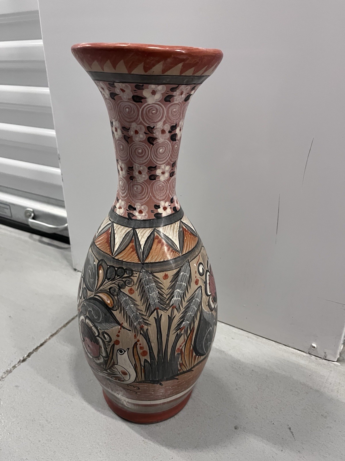 VTG Tall Tonala Pottery Jalisco Mexico Signed A. Jimon Bird/Jungle Fauna Design
