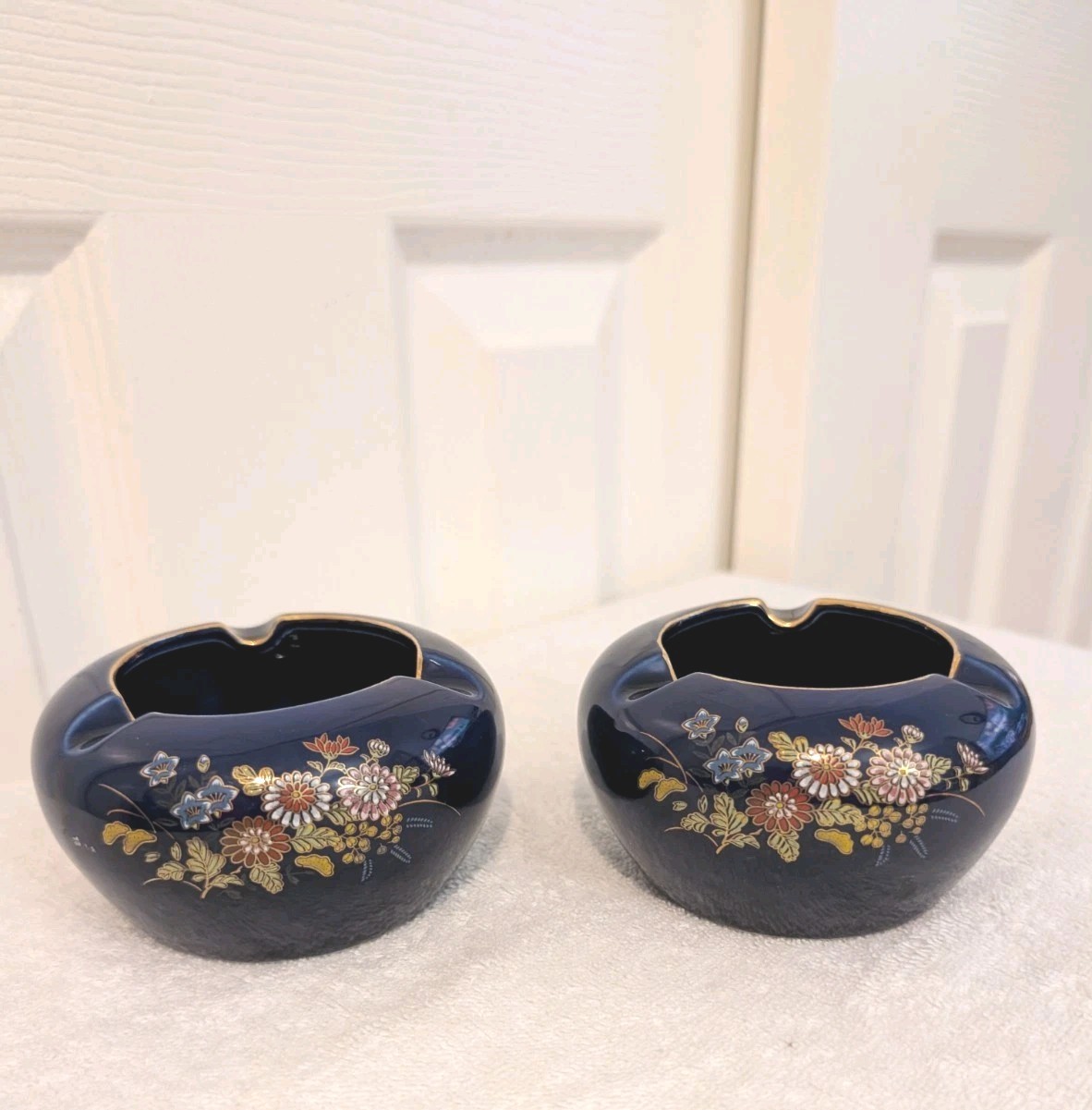 Cobalt Blue Set of 2 Small Individual Ashtrays Okumura Japan Floral Print VTG