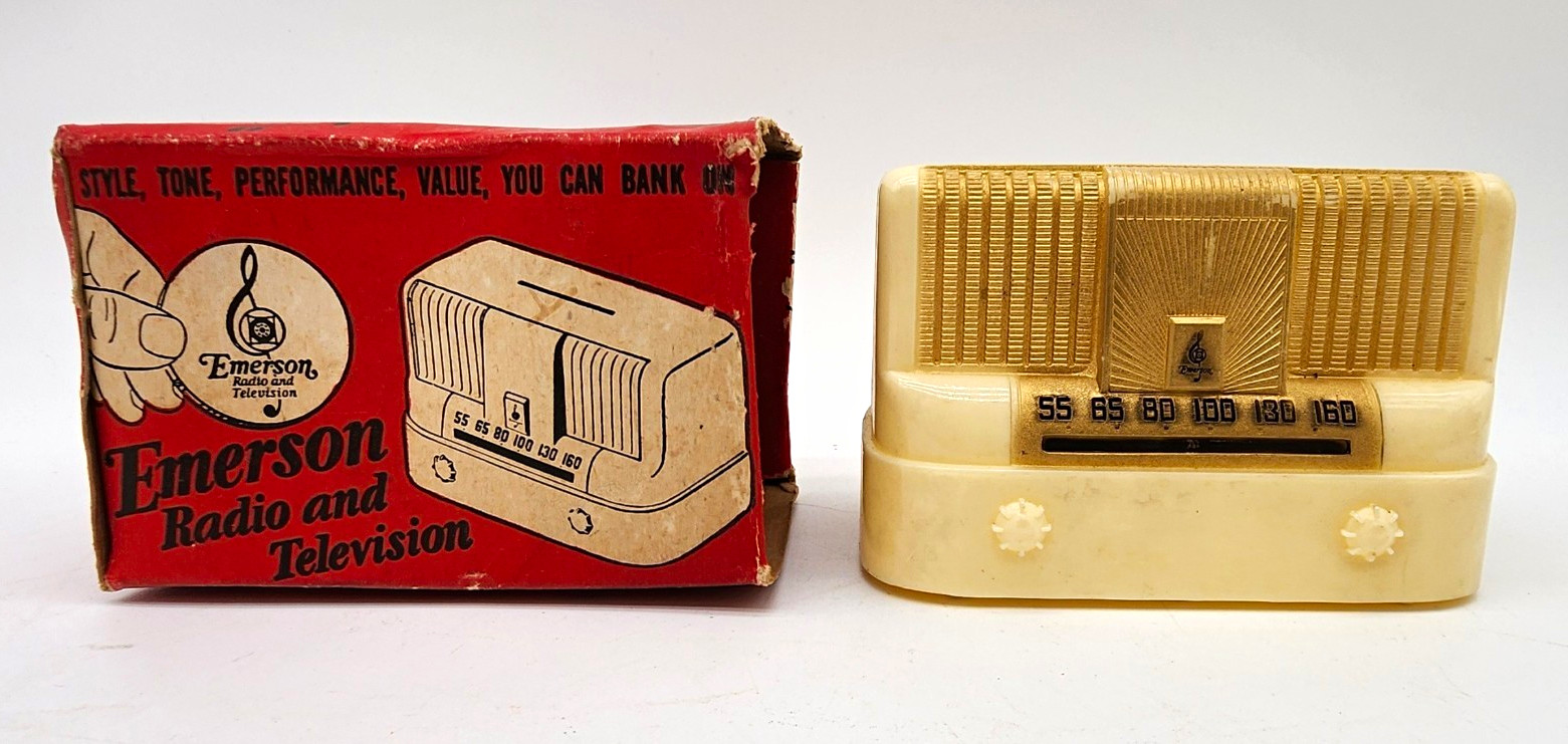 Vintage Emerson Radio Advertising Coin Bank Miniature Radio Original Box