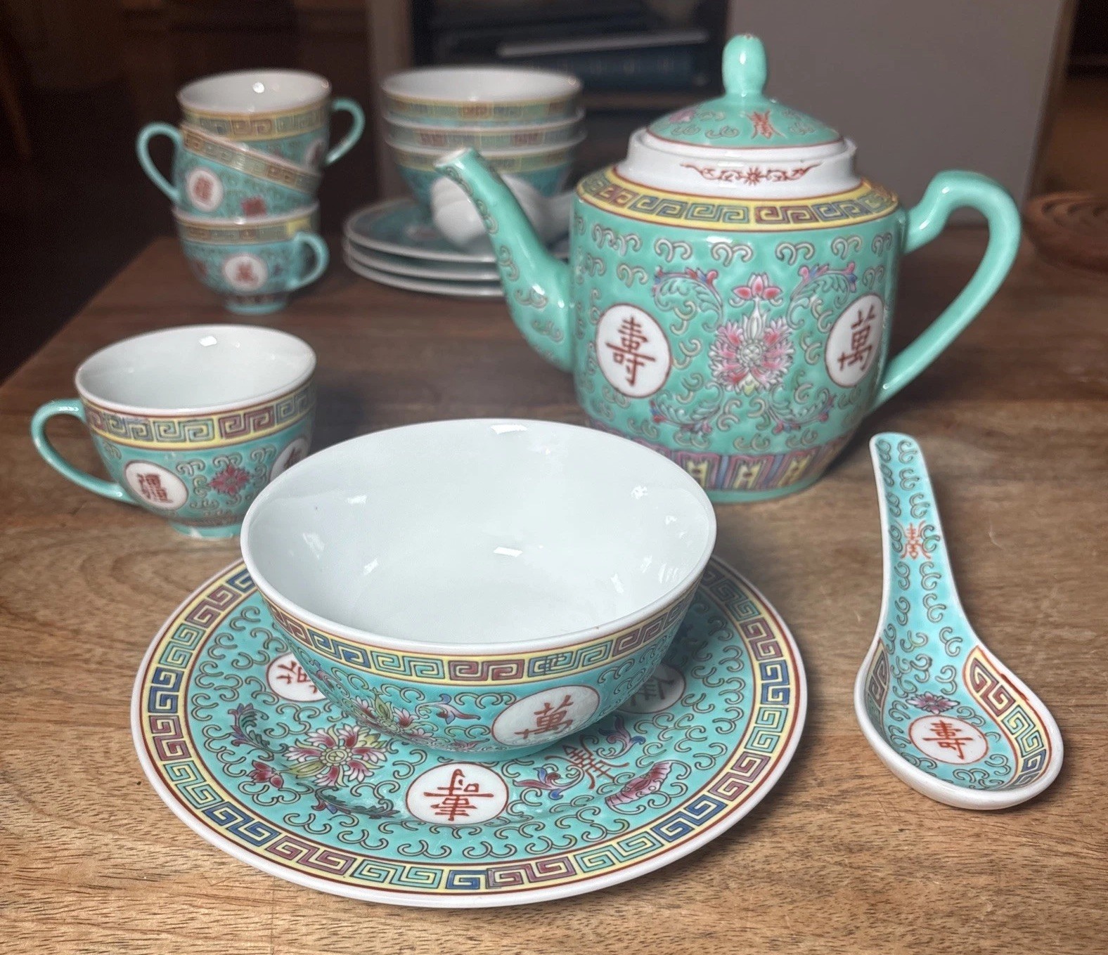 17pc Vintage Chinese Mun Shou Turquoise Tea Set Teapot Plates Cups Bowls Spoons