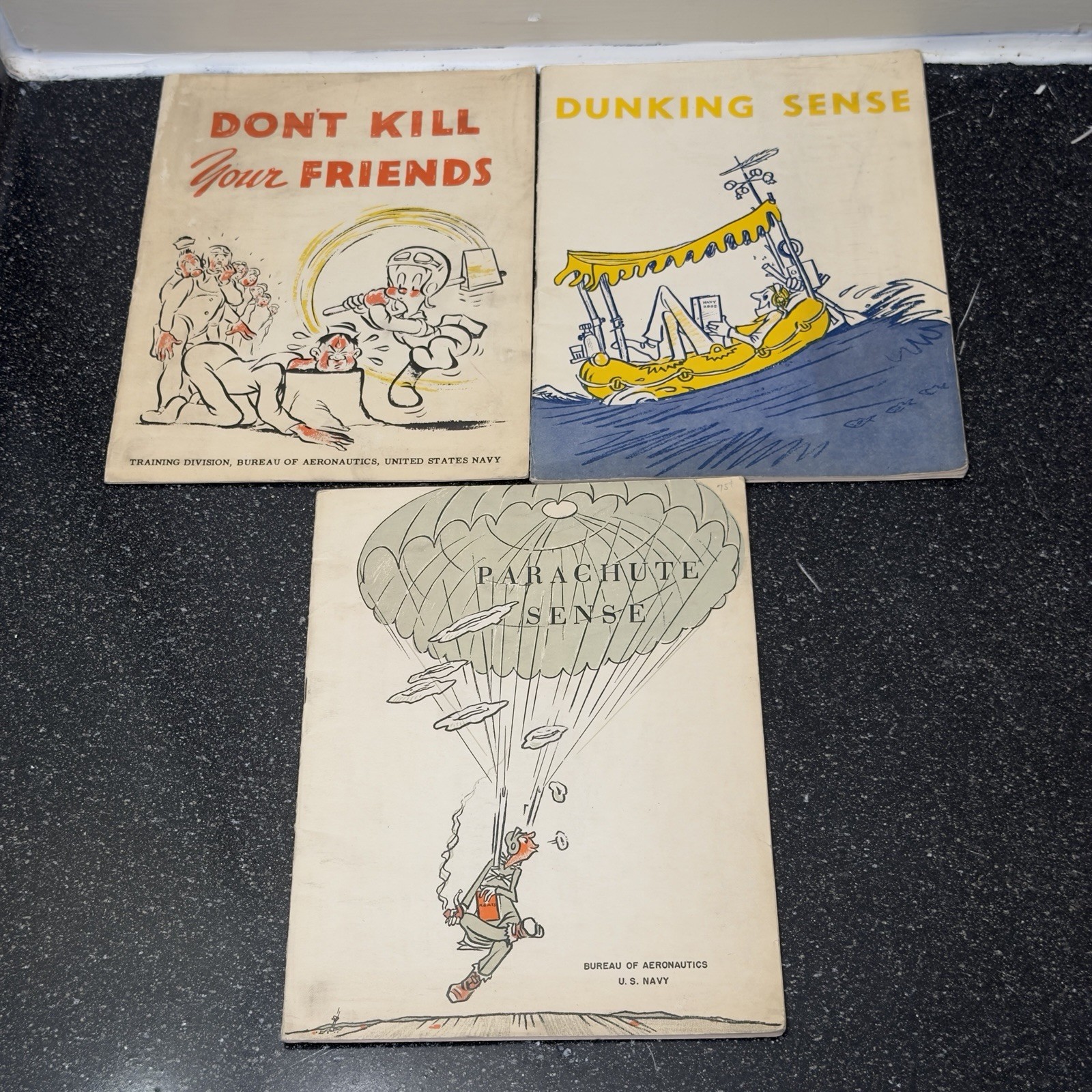 WWII 1943 US Navy Sense Pamphlets Lot 3 Parachute Dunking Dont Kill Your Friends