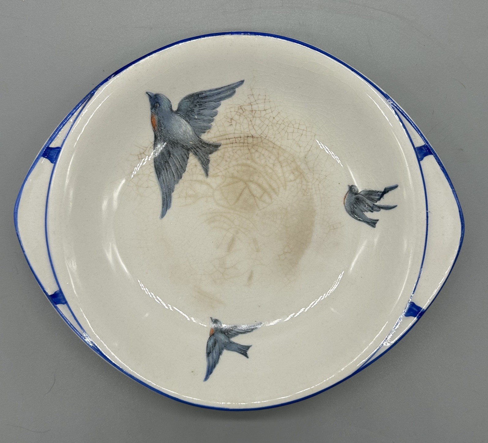 Antique KTK China Swallow Bird Handled Bowl 1910s K T & K SV China 7.5\