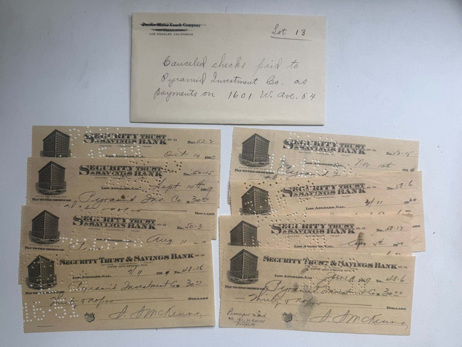 8 Antique Los Angeles Bank Checks Security Trust Savings Pyramid Investment