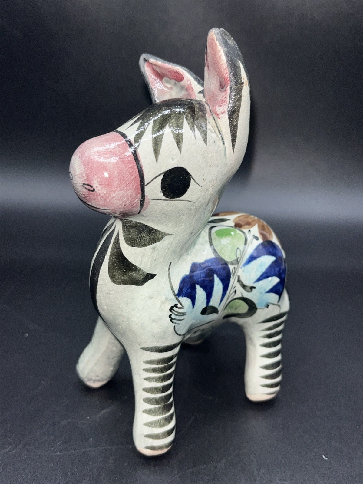 Tonala Mexican Folk Art Pottery Donkey Hand Painted Blue Base Flowers 