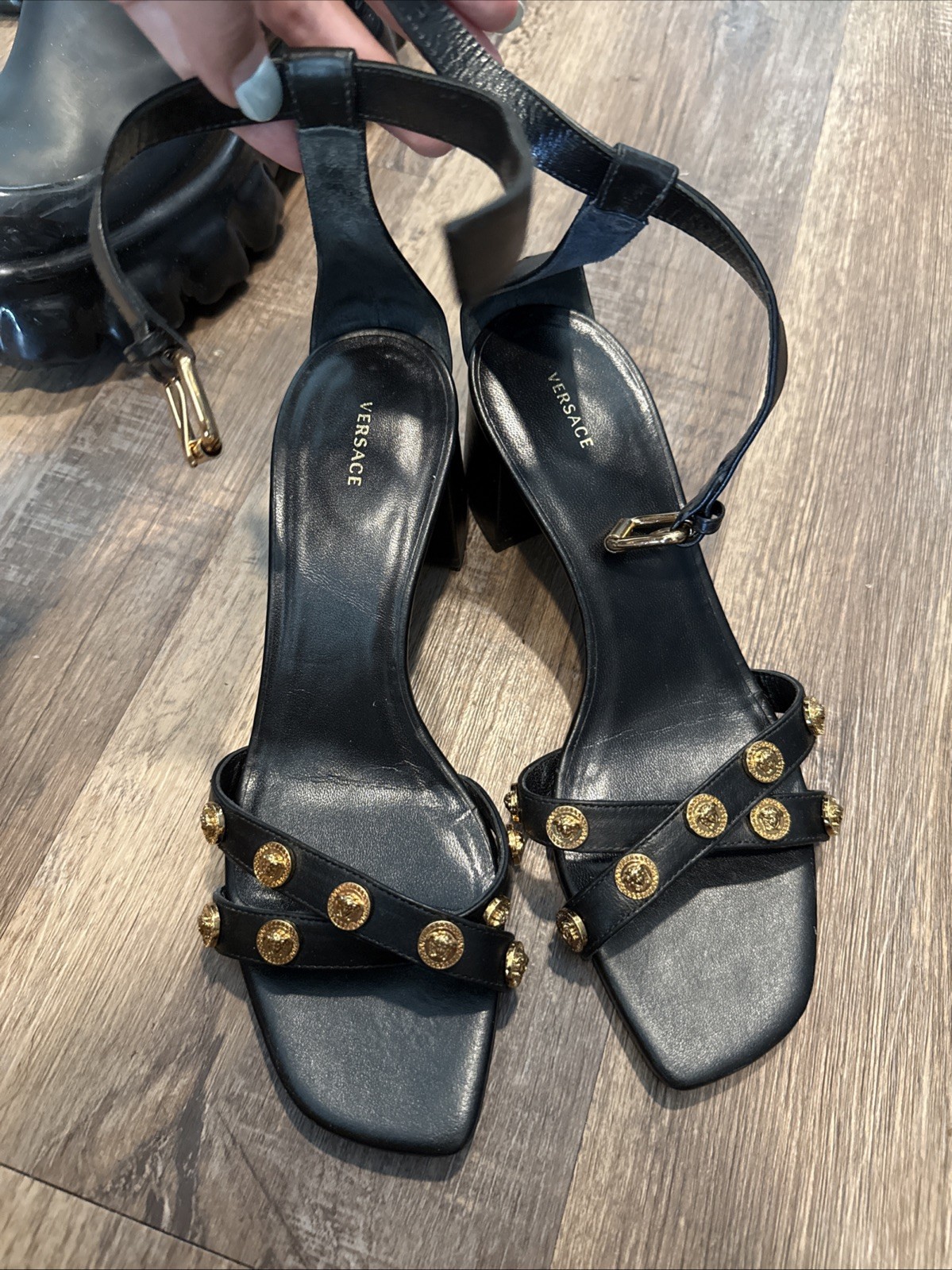 Versace Black Leather Medusa Studded Heeled Sandals – EU 38 / US 8