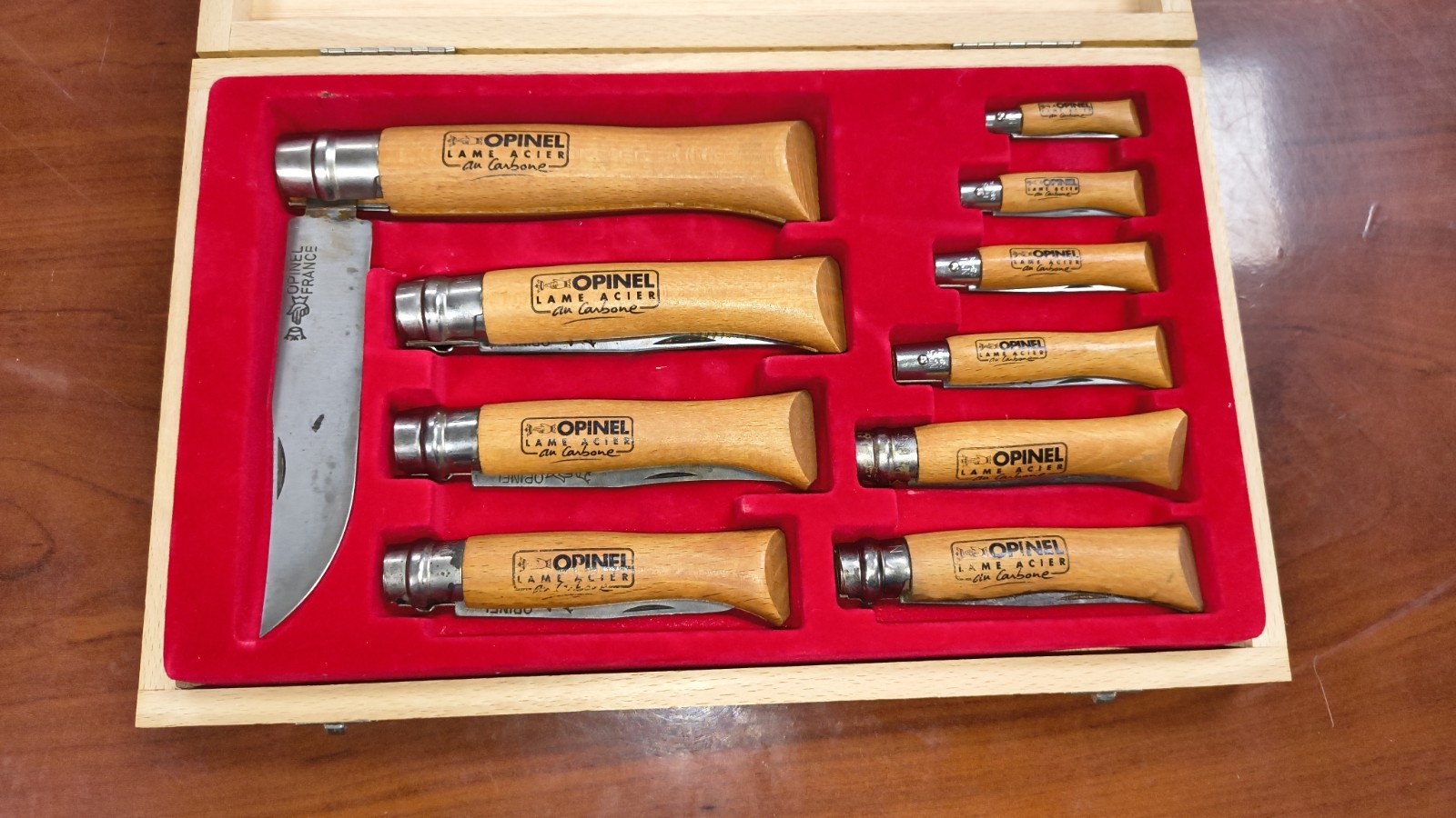 Opinel 10 Piece Carbon Steel Folding Knife Set No 2-12 Wood Case France