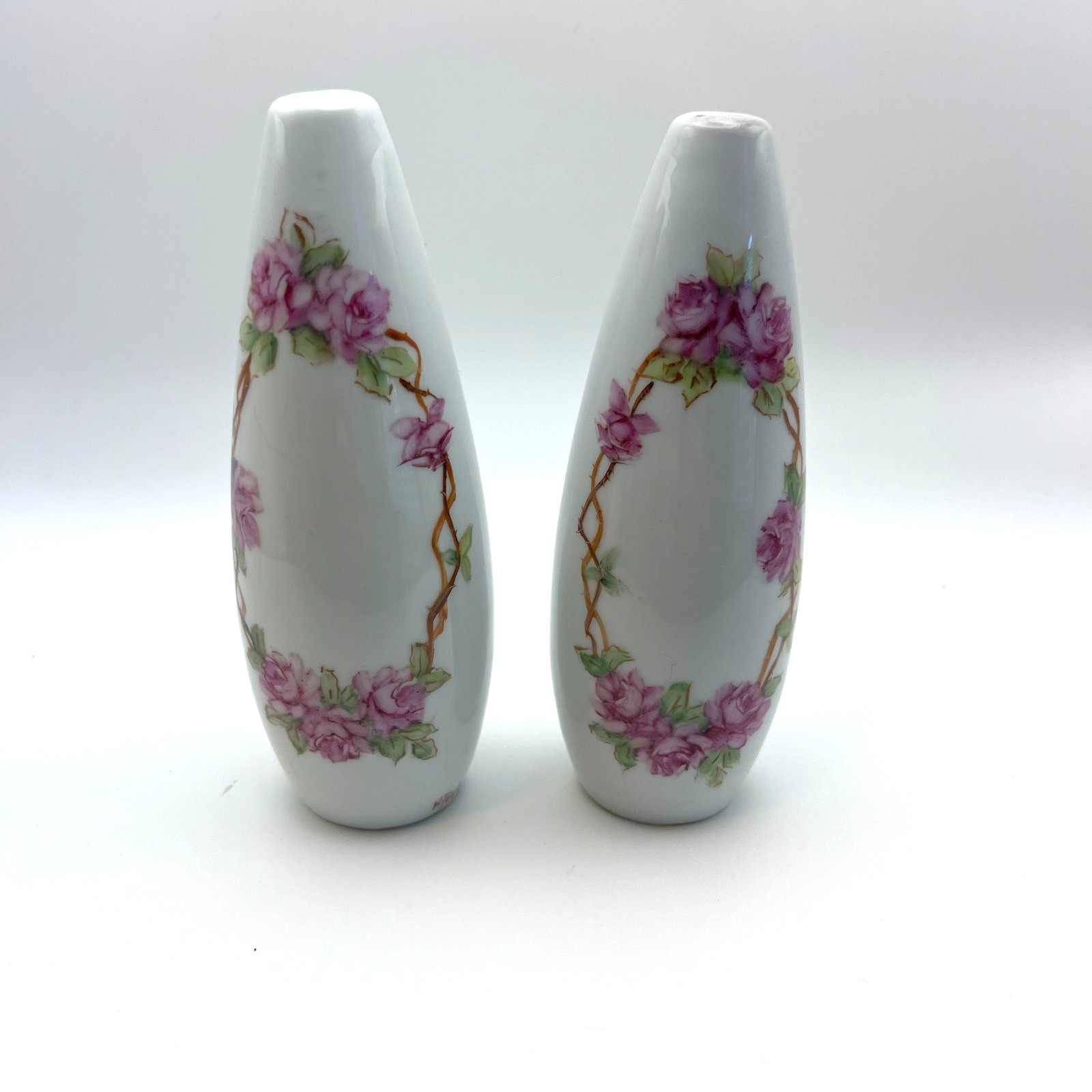 Vintage Pair Porcelain Bud Vases Pink Roses Gold Floral Hand Painted Mid Century