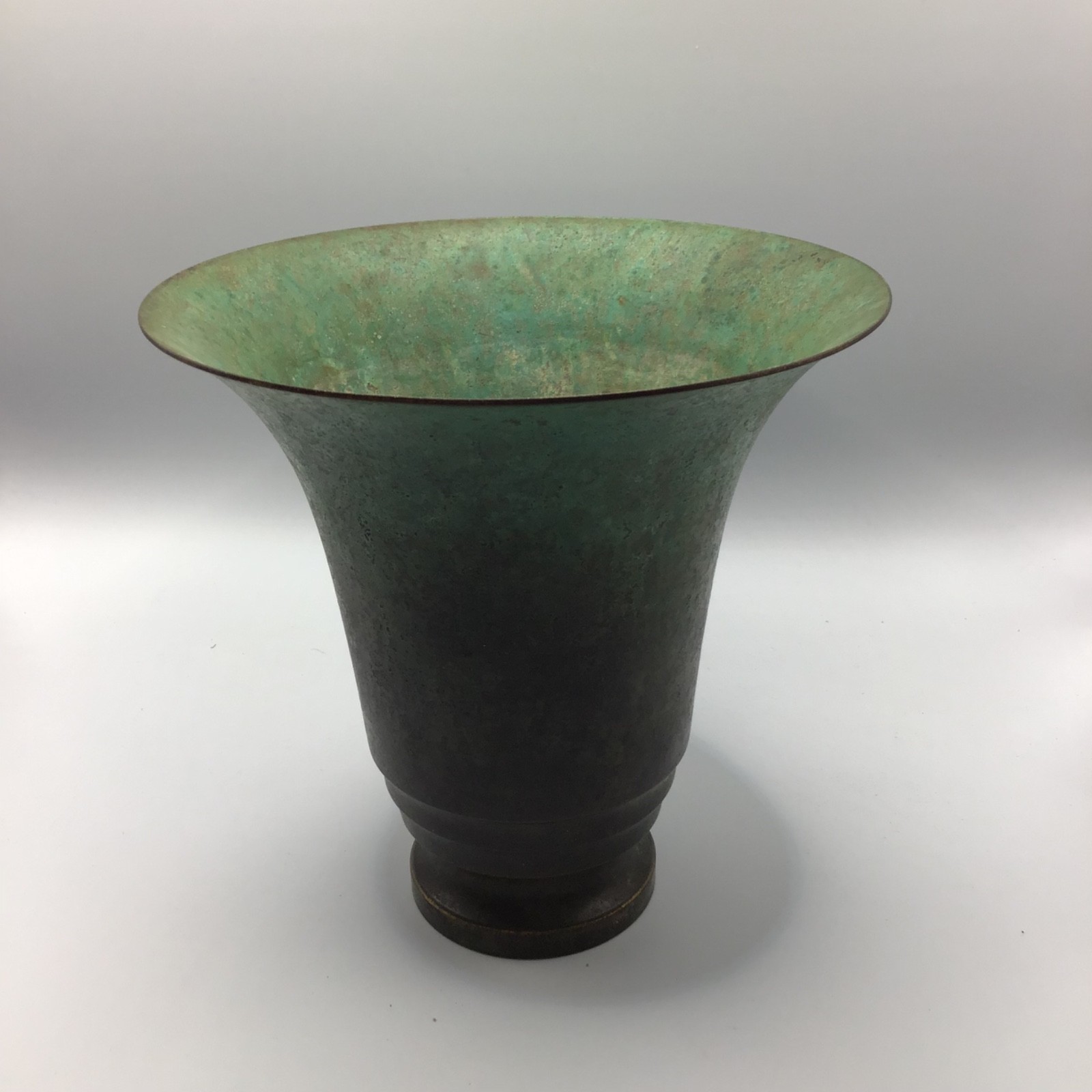 Antique 1920s Carl Sorensen Art Deco Verdigris Bronze Trumpet Vase 6.5”