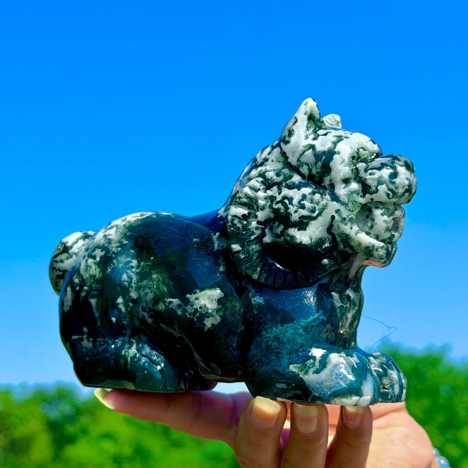 2.48LB Natural Moss Agate Hand Carved Dog Crystal Gem Quartz Decor Healing