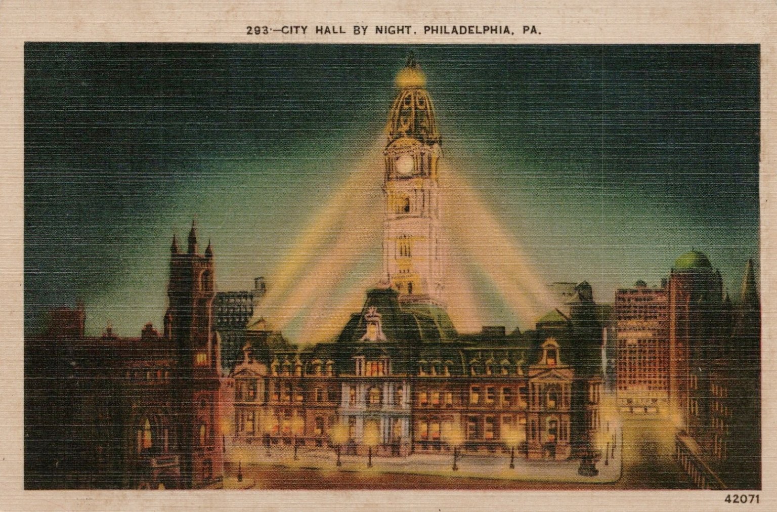 Phila City Hall by Night Linen Postcard Curteich Vintage 1930s-40s