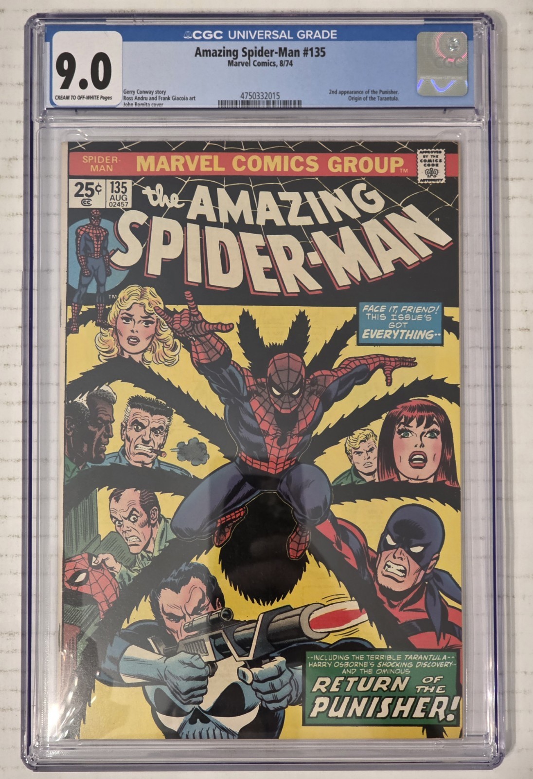 Amazing Spider-Man #135 CGC 9.0 2nd App of The Punisher 1974 Gil Kane High Grade
