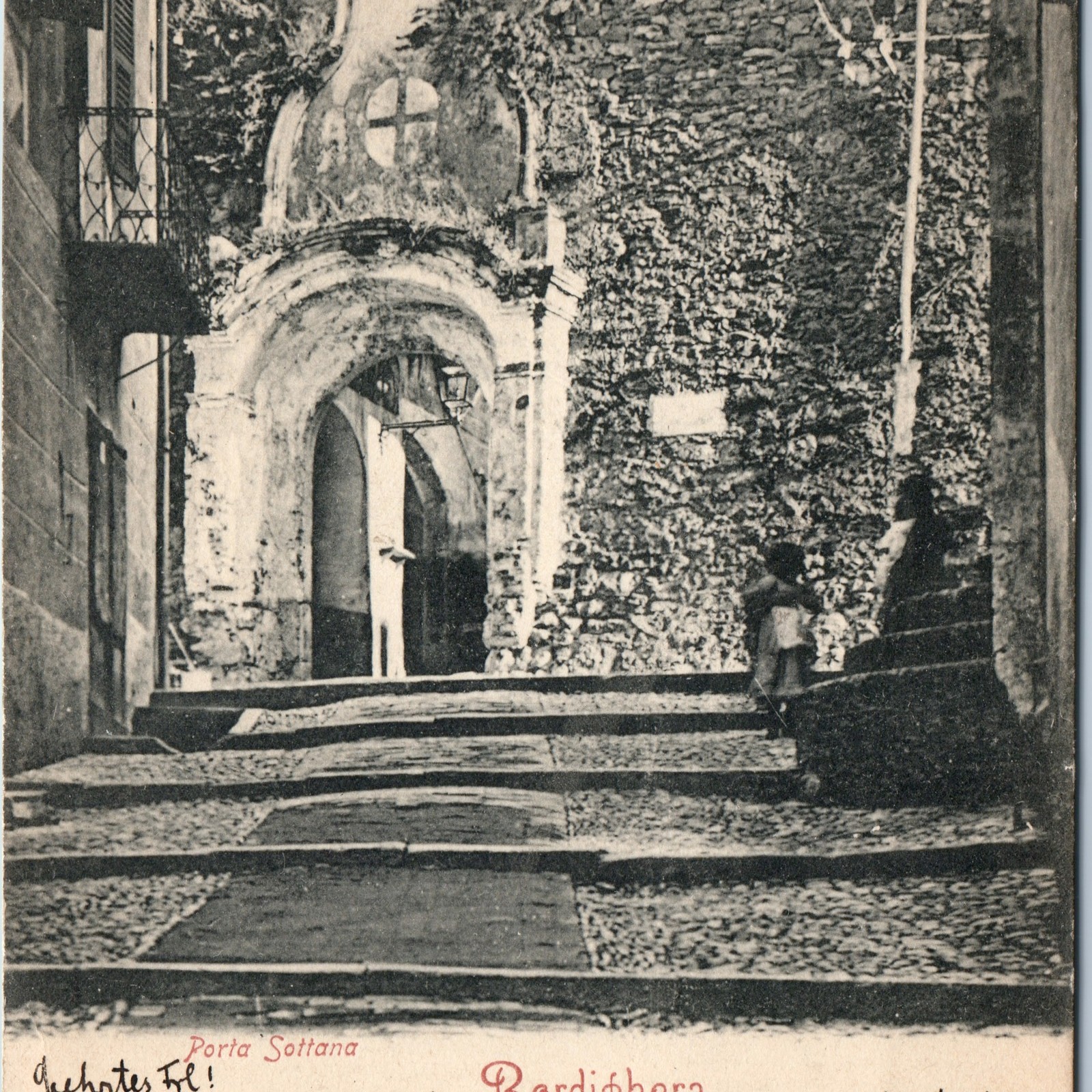 c1900s Bordighera, Italy Porta Sottana Arch Stone Steps Ivy Wall Boston Sta A364